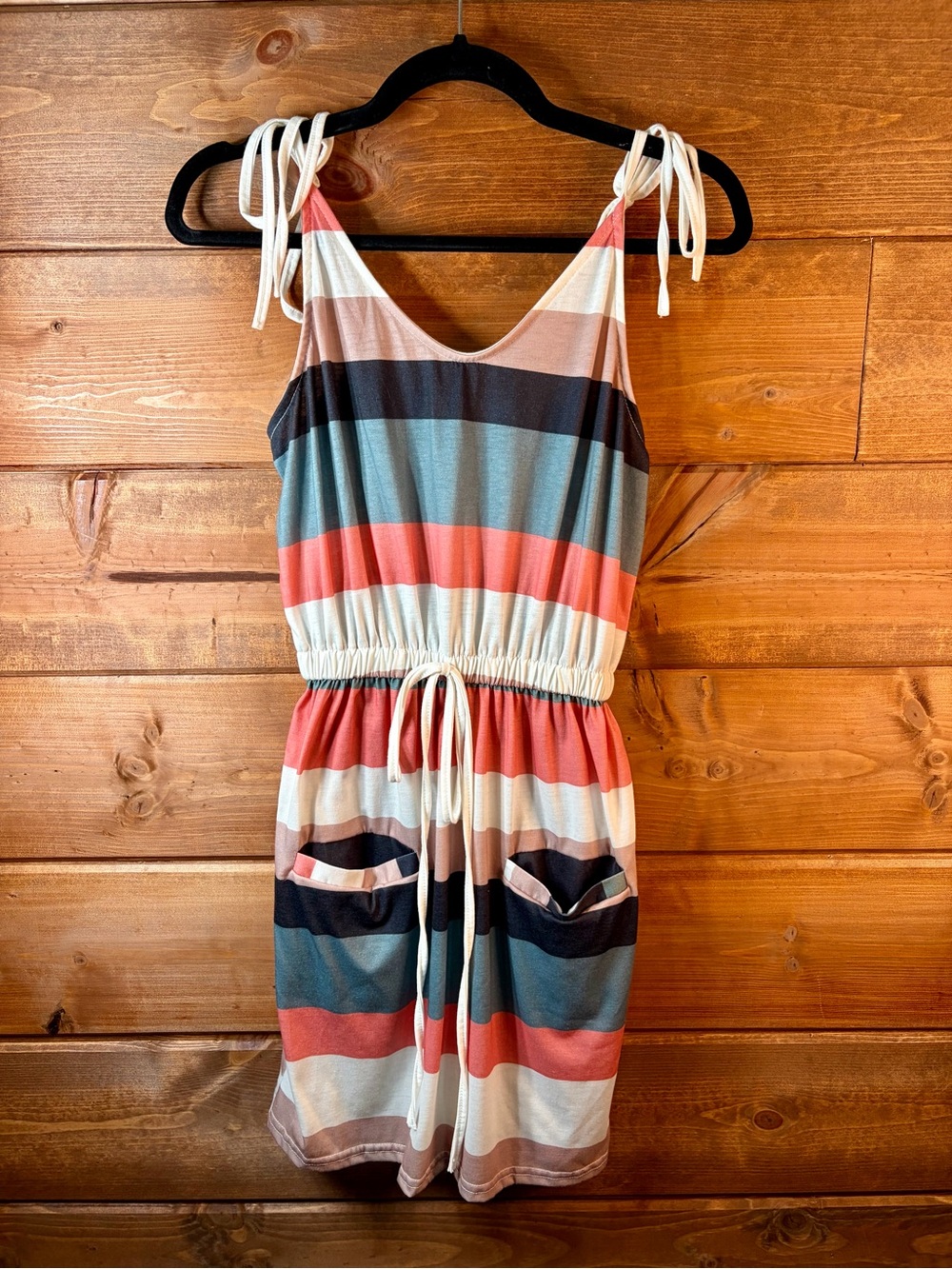 Striped Tie-Shoulder Summer Dress in Coral, Teal & Cream Size Small 💕